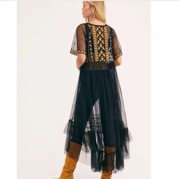 Free People Sabrina sheer Black and Gold Embroidered Midi Dress - Picture 7 of 8